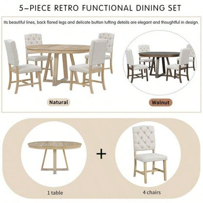 5 - Piece Retro Functional Dining Set, Round Table with a 16 Leaf and 4 Upholstered Chairs Dining Room and Living Room Natural