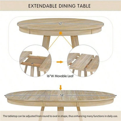 5 - Piece Retro Functional Dining Set, Round Table with a 16 Leaf and 4 Upholstered Chairs Dining Room and Living Room Natural