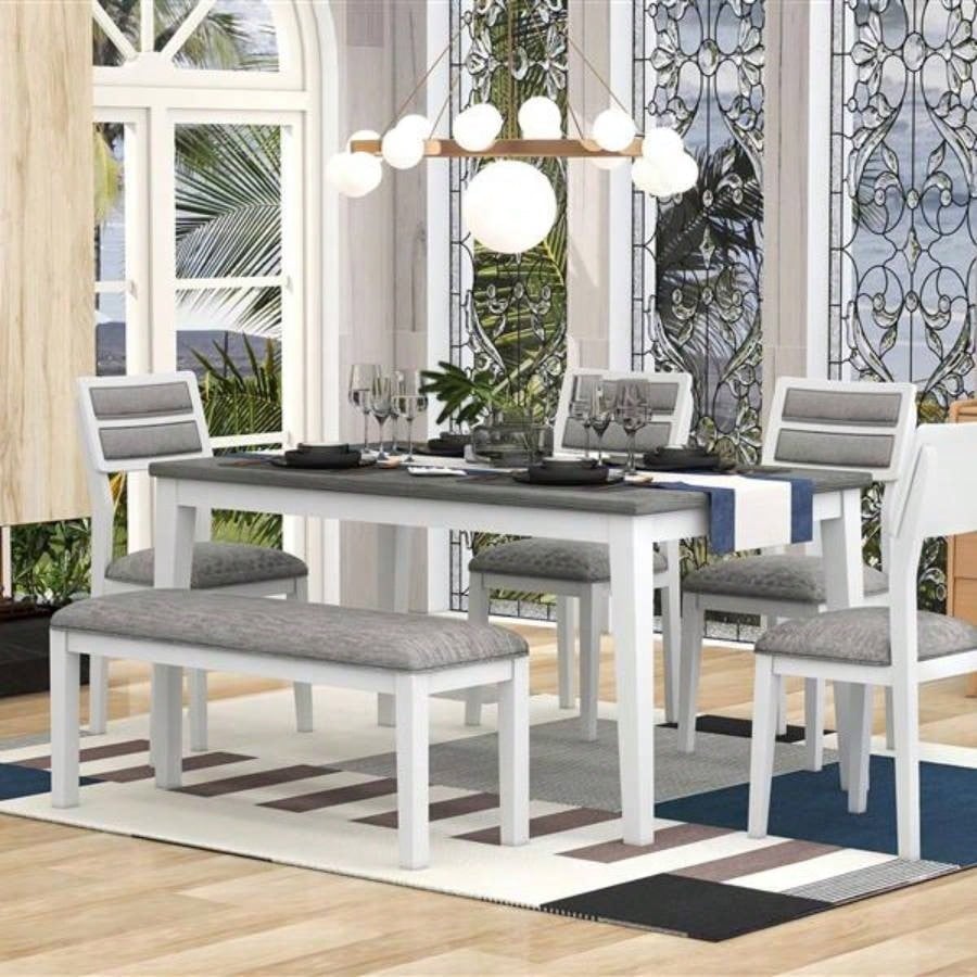 Classic and Traditional Style 6 - Piece Dining Set, Includes Dining Table, 4 Upholstered Chairs White+Gray