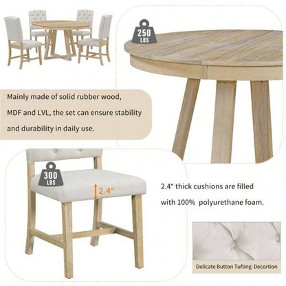 5 - Piece Retro Functional Dining Set, Round Table with a 16 Leaf and 4 Upholstered Chairs Dining Room and Living Room Natural