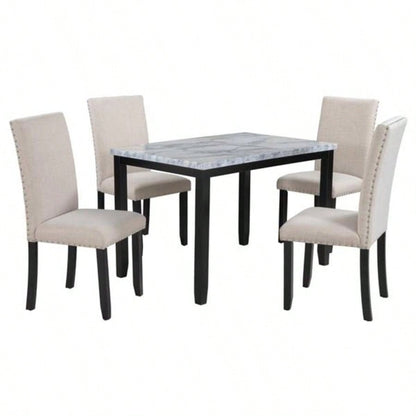 Faux Marble 5 - Piece Dining Set Table with 4 Thicken Cushion Dining Chairs Home Furniture, White/Beige+Black