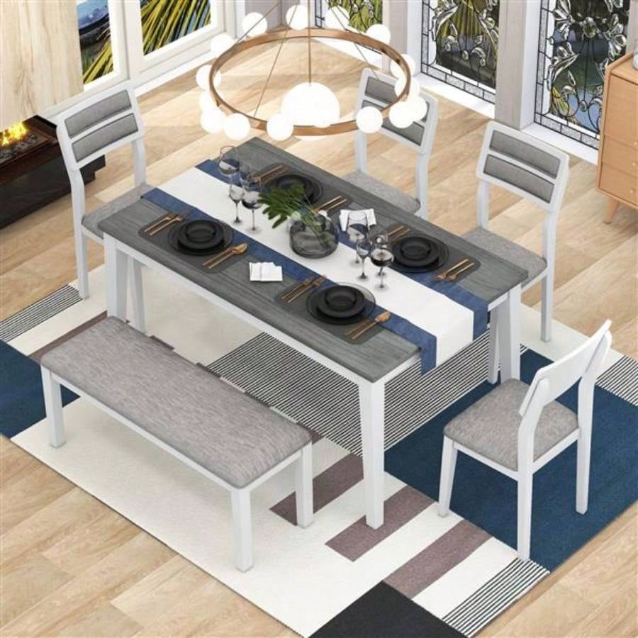 Classic and Traditional Style 6 - Piece Dining Set, Includes Dining Table, 4 Upholstered Chairs White+Gray