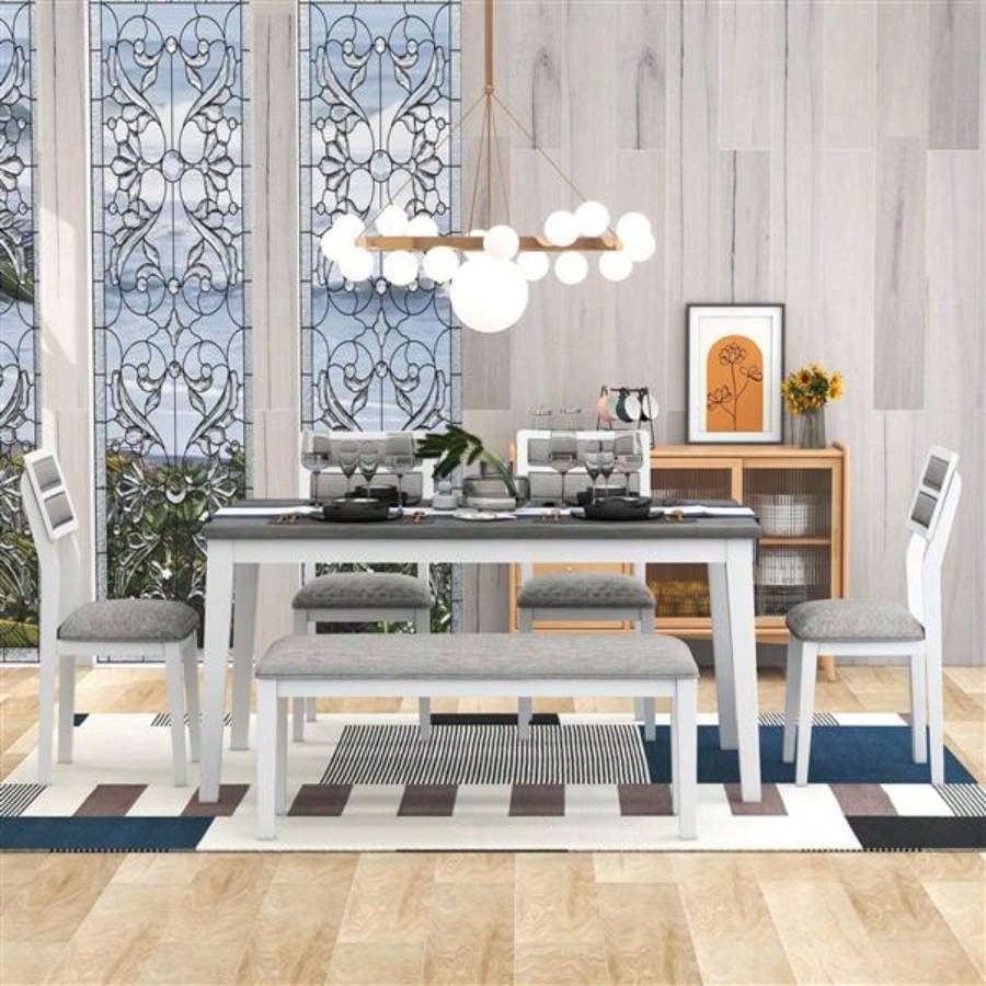 Classic and Traditional Style 6 - Piece Dining Set, Includes Dining Table, 4 Upholstered Chairs White+Gray