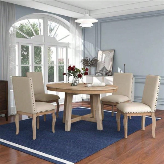 5 - Piece Farmhouse Dining Table Set Wood Round Extendable Dining Table and 4 Upholstered Dining Chairs Natural Wood Wash