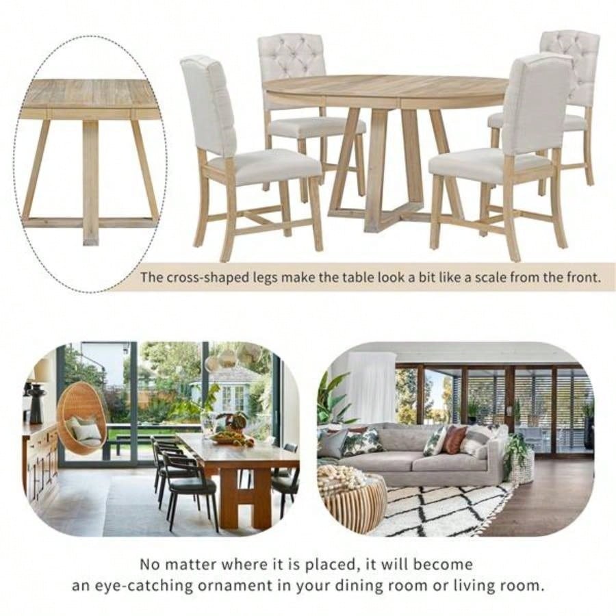 5 - Piece Retro Functional Dining Set, Round Table with a 16 Leaf and 4 Upholstered Chairs Dining Room and Living Room Natural