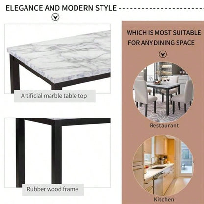 Faux Marble 5 - Piece Dining Set Table with 4 Thicken Cushion Dining Chairs Home Furniture, White/Beige+Black