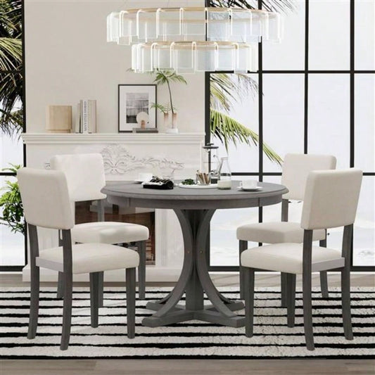 5 - Piece Retro Round Dining Table Set with Curved Trestle Style Table and 4 Upholstered Chairs Dining Room Dark Gray