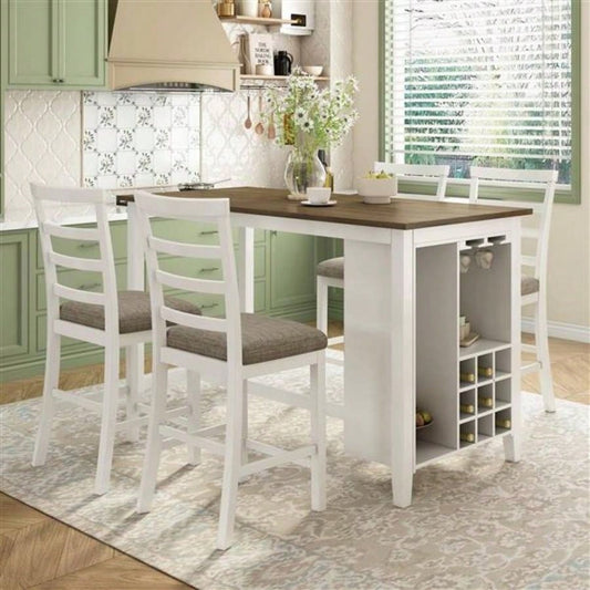 5 - Piece Multi - Functional Rubber Wood Counter Height Dining Set with Padded Chairs and Integrated 9 Bar Wine Compartment, Wineglass Holders Dining Room Brown+ White Wash