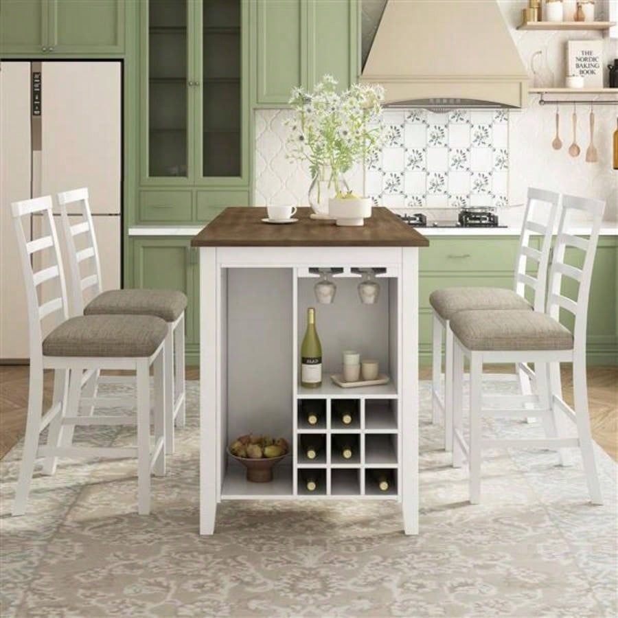 5 - Piece Multi - Functional Rubber Wood Counter Height Dining Set with Padded Chairs and Integrated 9 Bar Wine Compartment, Wineglass Holders Dining Room Brown+ White Wash