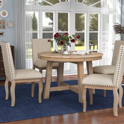 5 - Piece Farmhouse Dining Table Set Wood Round Extendable Dining Table and 4 Upholstered Dining Chairs Natural Wood Wash