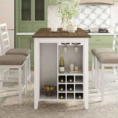 5 - Piece Multi - Functional Rubber Wood Counter Height Dining Set with Padded Chairs and Integrated 9 Bar Wine Compartment, Wineglass Holders Dining Room Brown+ White Wash