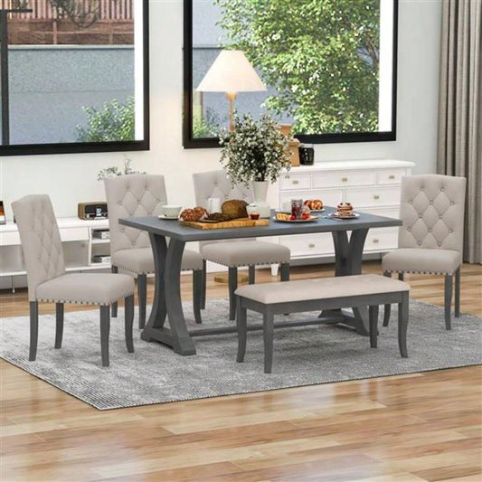 6 - Piece Farmhouse Dining Table Set, Rectangular Trestle Table and 4 Upholstered Chairs Dining Room Antique Gray
