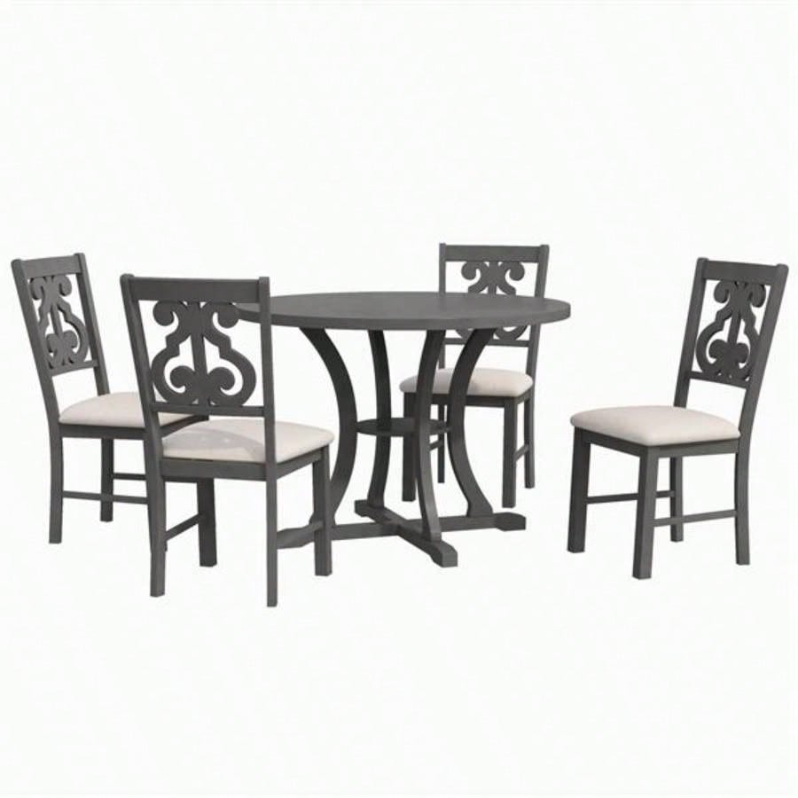 5 - Piece Round Dining Table and Chair Set with Special - shaped and an Exquisitely Designed Hollow Chair Back Dining Room Gray