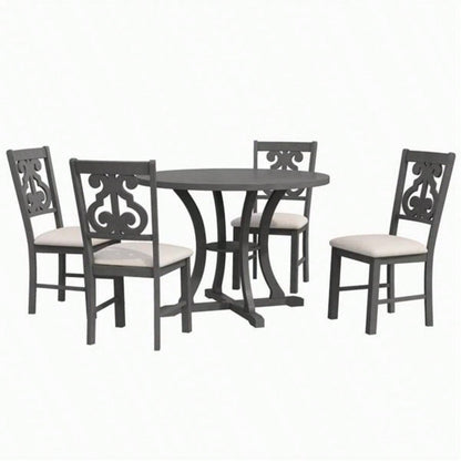 5 - Piece Round Dining Table and Chair Set with Special - shaped and an Exquisitely Designed Hollow Chair Back Dining Room Gray