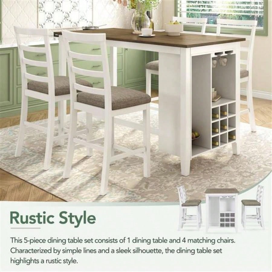 5 - Piece Multi - Functional Rubber Wood Counter Height Dining Set with Padded Chairs and Integrated 9 Bar Wine Compartment, Wineglass Holders Dining Room Brown+ White Wash