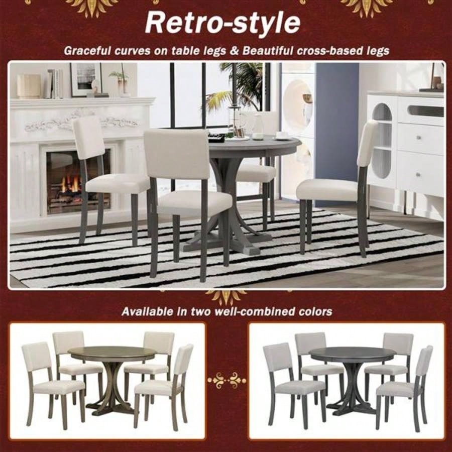 5 - Piece Retro Round Dining Table Set with Curved Trestle Style Table and 4 Upholstered Chairs Dining Room Dark Gray