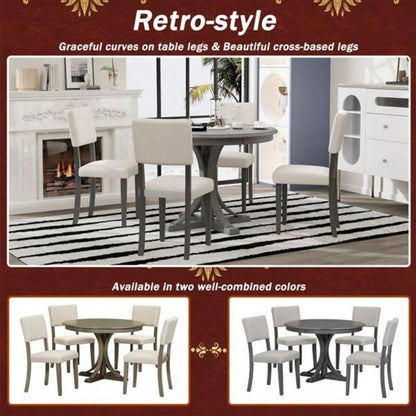 5 - Piece Retro Round Dining Table Set with Curved Trestle Style Table and 4 Upholstered Chairs Dining Room Dark Gray