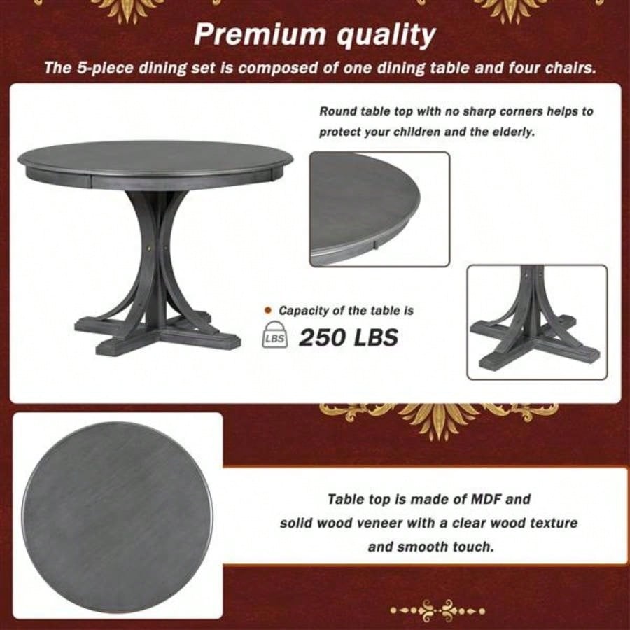 5 - Piece Retro Round Dining Table Set with Curved Trestle Style Table and 4 Upholstered Chairs Dining Room Dark Gray