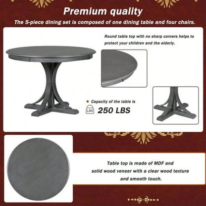 5 - Piece Retro Round Dining Table Set with Curved Trestle Style Table and 4 Upholstered Chairs Dining Room Dark Gray