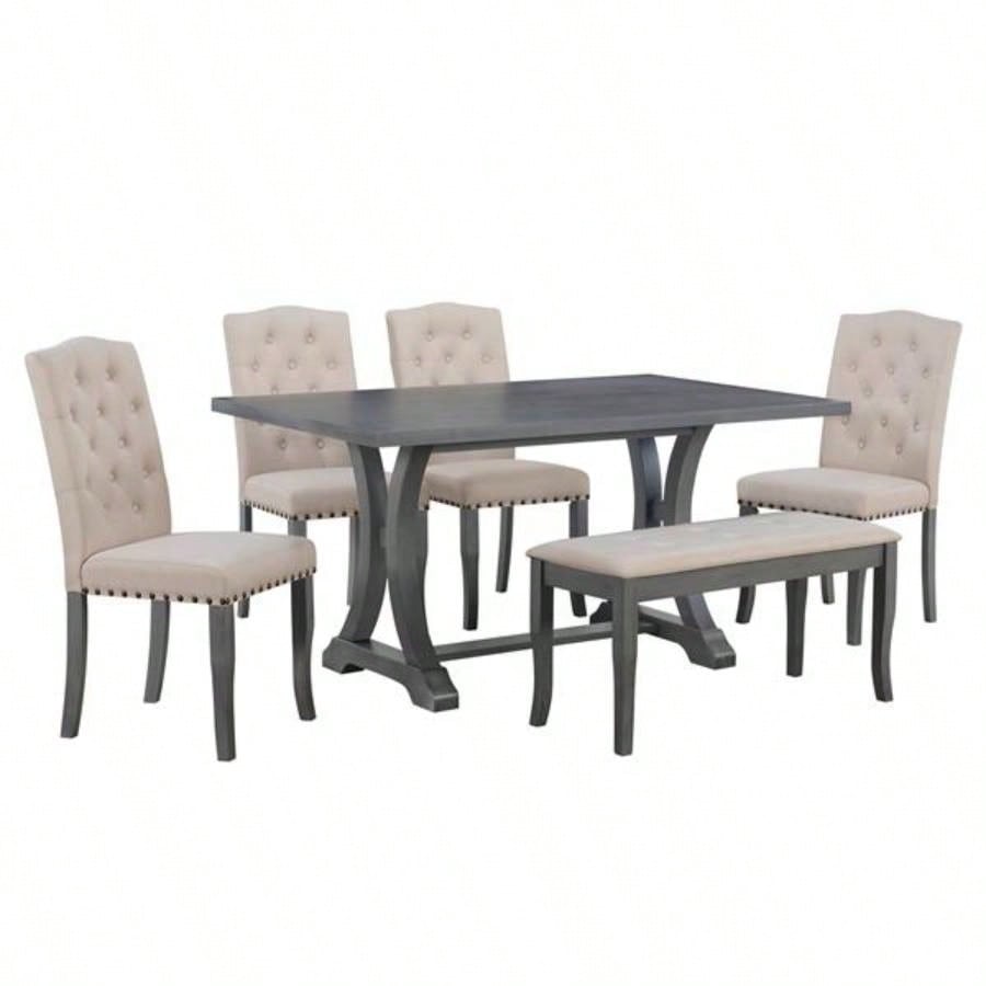 6 - Piece Farmhouse Dining Table Set, Rectangular Trestle Table and 4 Upholstered Chairs Dining Room Antique Gray
