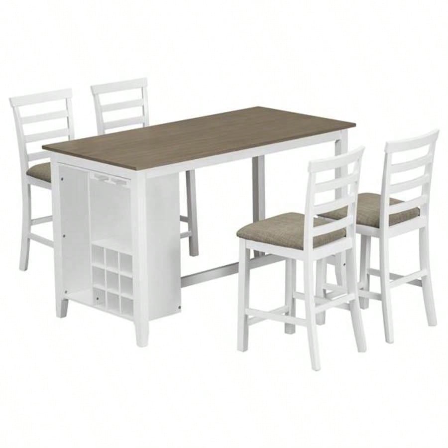 5 - Piece Multi - Functional Rubber Wood Counter Height Dining Set with Padded Chairs and Integrated 9 Bar Wine Compartment, Wineglass Holders Dining Room Brown+ White Wash
