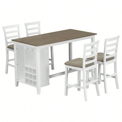 5 - Piece Multi - Functional Rubber Wood Counter Height Dining Set with Padded Chairs and Integrated 9 Bar Wine Compartment, Wineglass Holders Dining Room Brown+ White Wash