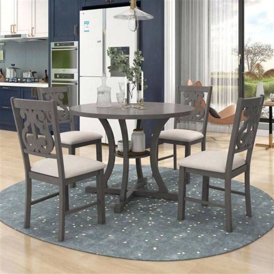 5 - Piece Round Dining Table and Chair Set with Special - shaped and an Exquisitely Designed Hollow Chair Back Dining Room Gray