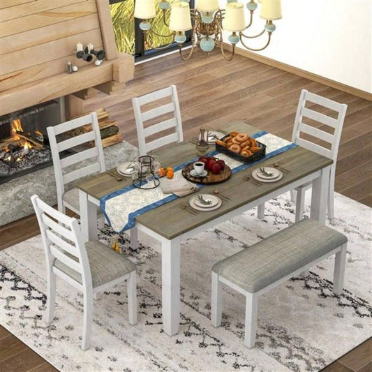Rustic Style 6 - Piece Dining Room Table Set with 4 Upholstered Chairs a Brown+ Whitewash