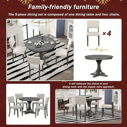 5 - Piece Retro Round Dining Table Set with Curved Trestle Style Table and 4 Upholstered Chairs Dining Room Dark Gray
