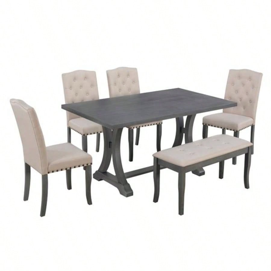 6 - Piece Farmhouse Dining Table Set, Rectangular Trestle Table and 4 Upholstered Chairs Dining Room Antique Gray