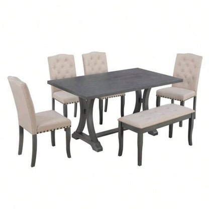 6 - Piece Farmhouse Dining Table Set, Rectangular Trestle Table and 4 Upholstered Chairs Dining Room Antique Gray