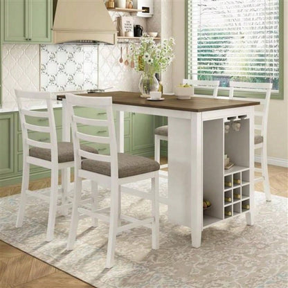 5 - Piece Multi - Functional Rubber Wood Counter Height Dining Set with Padded Chairs and Integrated 9 Bar Wine Compartment, Wineglass Holders Dining Room Brown+ White Wash