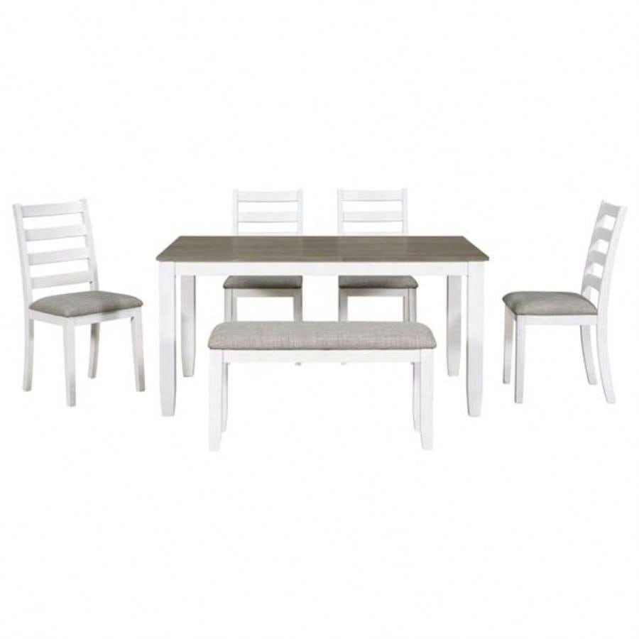 Rustic Style 6 - Piece Dining Room Table Set with 4 Upholstered Chairs a Brown+ Whitewash