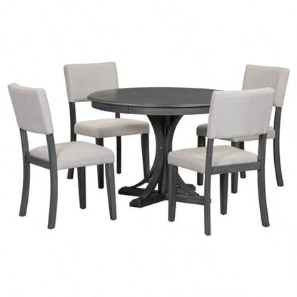 5 - Piece Retro Round Dining Table Set with Curved Trestle Style Table and 4 Upholstered Chairs Dining Room Dark Gray