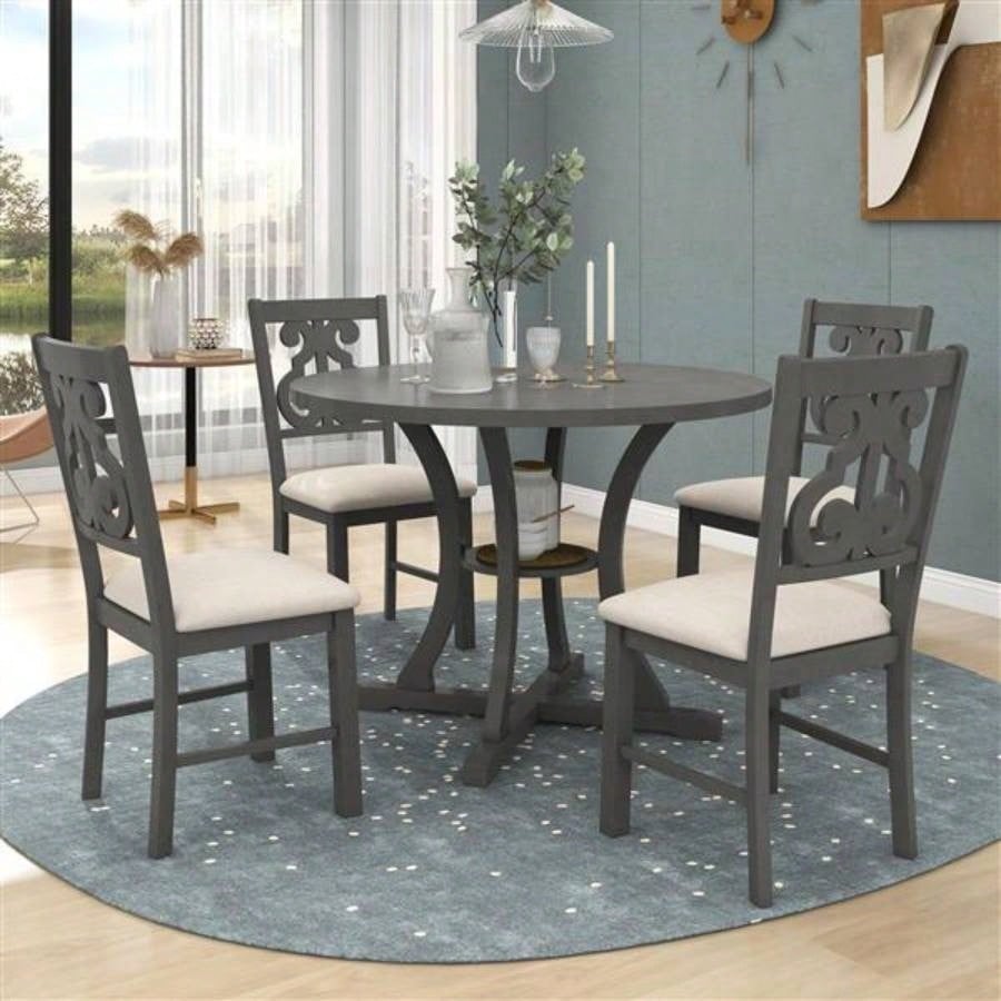 5 - Piece Round Dining Table and Chair Set with Special - shaped and an Exquisitely Designed Hollow Chair Back Dining Room Gray