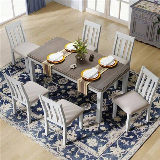 Retro Style - Piece Dining Table Set with Extendable Table and 6 Upholstered Chairs Brown+White