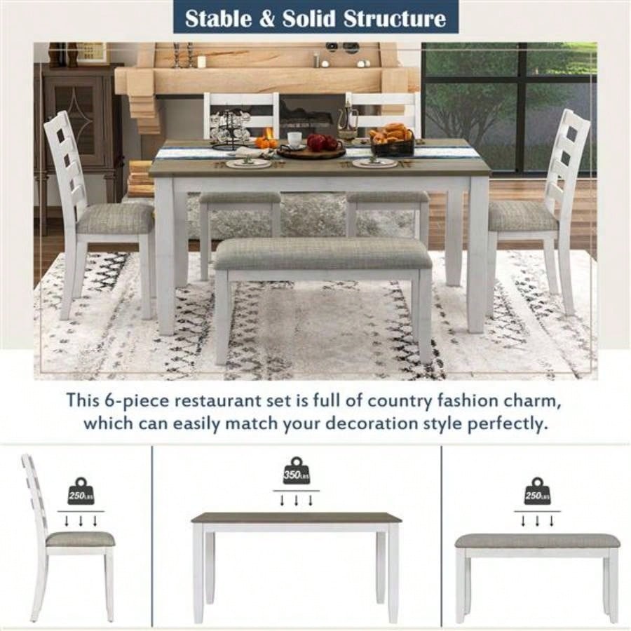 Rustic Style 6 - Piece Dining Room Table Set with 4 Upholstered Chairs a Brown+ Whitewash