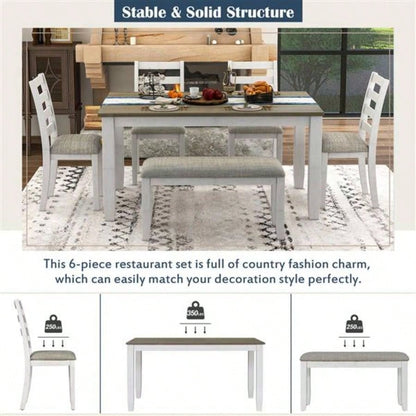Rustic Style 6 - Piece Dining Room Table Set with 4 Upholstered Chairs a Brown+ Whitewash