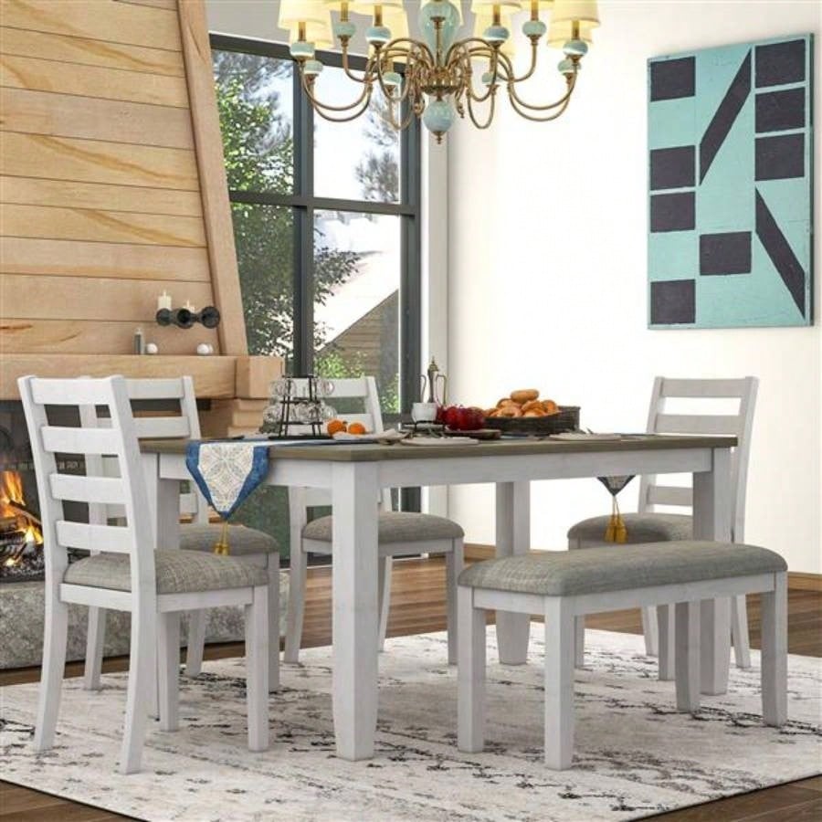 Rustic Style 6 - Piece Dining Room Table Set with 4 Upholstered Chairs a Brown+ Whitewash
