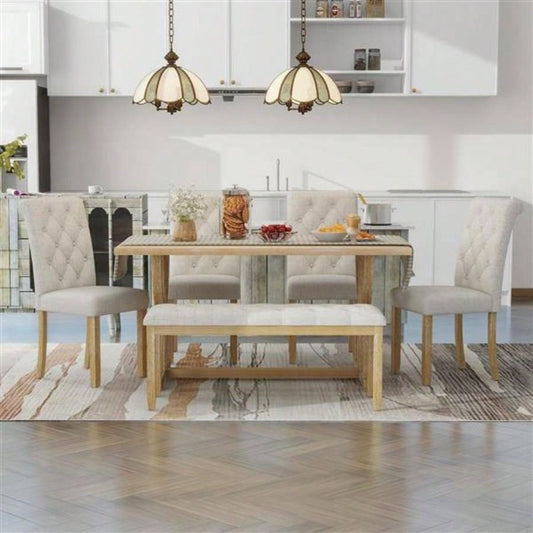 6 - Piece Retro Rectangular Dining Table Set, Table with Unique and 4 Upholstered Chairs 1 Dining Room and Kitchen Natural Wood Wash