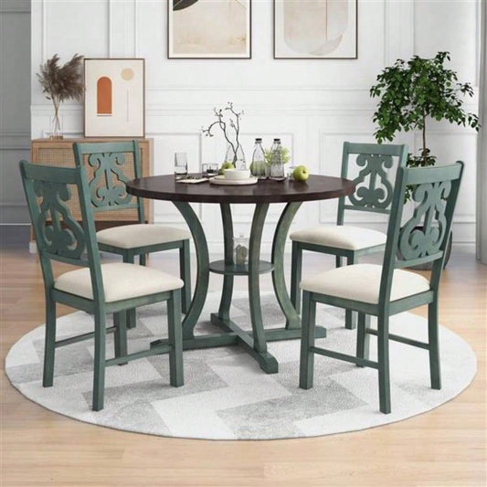 5 - Piece Round Dining Table and 4 Fabric Chairs with Special - shaped Table and Storage Shelf Antique Blue/ Dark Brown