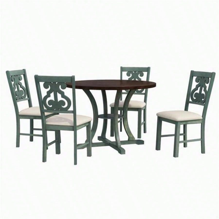 5 - Piece Round Dining Table and 4 Fabric Chairs with Special - shaped Table and Storage Shelf Antique Blue/ Dark Brown