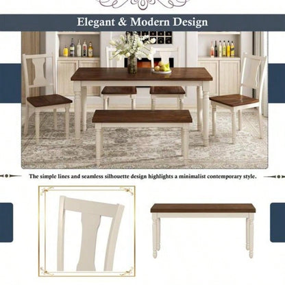 Classic 6 - Piece Dining Set Wooden Table and 4 Chairs with Kitchen Dining Room Brown+Cottage White