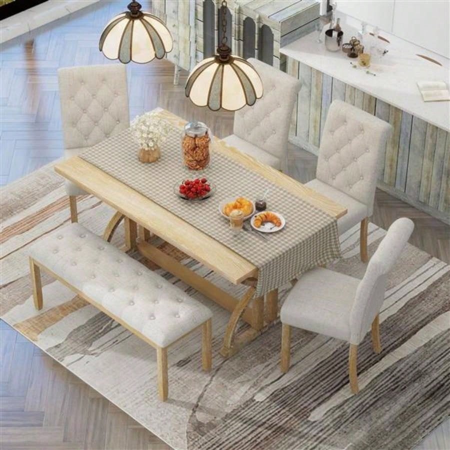6 - Piece Retro Rectangular Dining Table Set, Table with Unique and 4 Upholstered Chairs 1 Dining Room and Kitchen Natural Wood Wash