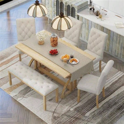 6 - Piece Retro Rectangular Dining Table Set, Table with Unique and 4 Upholstered Chairs 1 Dining Room and Kitchen Natural Wood Wash