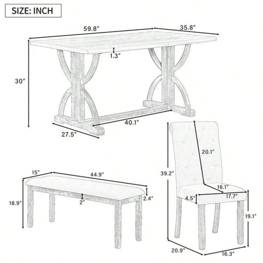 6 - Piece Retro Rectangular Dining Table Set, Table with Unique and 4 Upholstered Chairs 1 Dining Room and Kitchen Natural Wood Wash