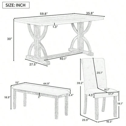 6 - Piece Retro Rectangular Dining Table Set, Table with Unique and 4 Upholstered Chairs 1 Dining Room and Kitchen Natural Wood Wash