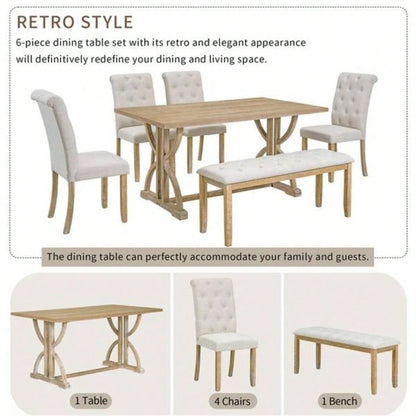 6 - Piece Retro Rectangular Dining Table Set, Table with Unique and 4 Upholstered Chairs 1 Dining Room and Kitchen Natural Wood Wash