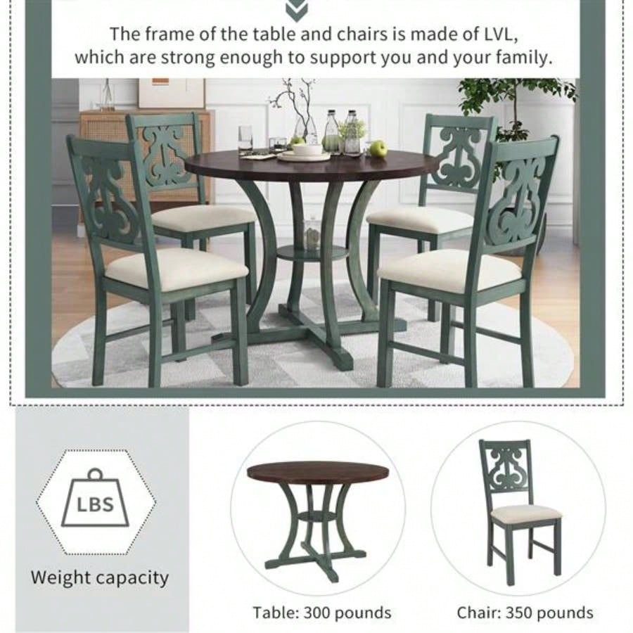 5 - Piece Round Dining Table and 4 Fabric Chairs with Special - shaped Table and Storage Shelf Antique Blue/ Dark Brown