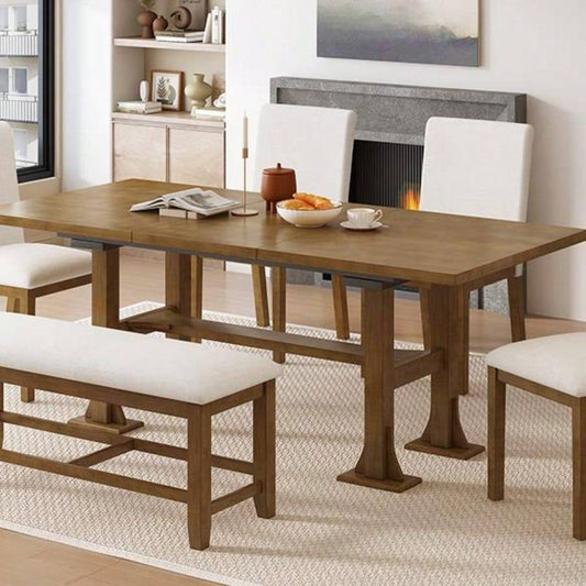 Farmhouse 76inch 6 - Piece Extendable Dining Table Set Trestle Kitchen Table Set with 18inch Removable Leaf and Upholstered Dining Chair and Dining Room, Dark Brown
